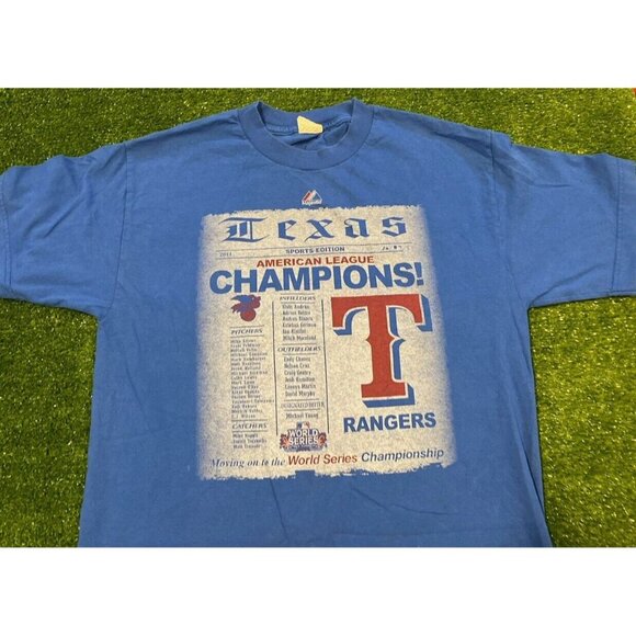 Texas Rangers shirt medium mens blue World Series Y2K Majestic unisex adult 2011 - Picture 3 of 8